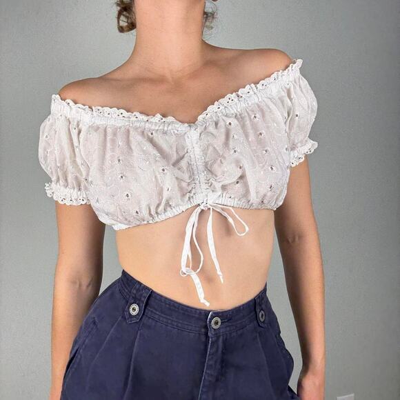 White eyelet off the shoulder lace up milkmaid cropped top - fits like small - Picture 2 of 8